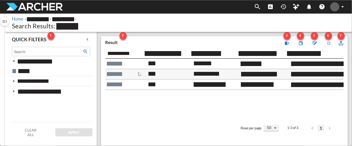 Generic search results page wtih callouts for Options, Manage Columns, and Refine By.